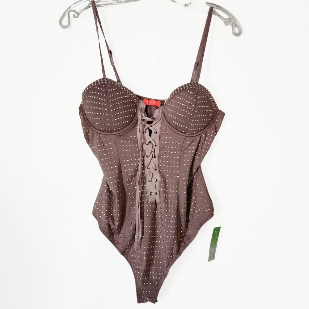 Banjul Women's Size Large Rhinestone Studded bodysuit brown